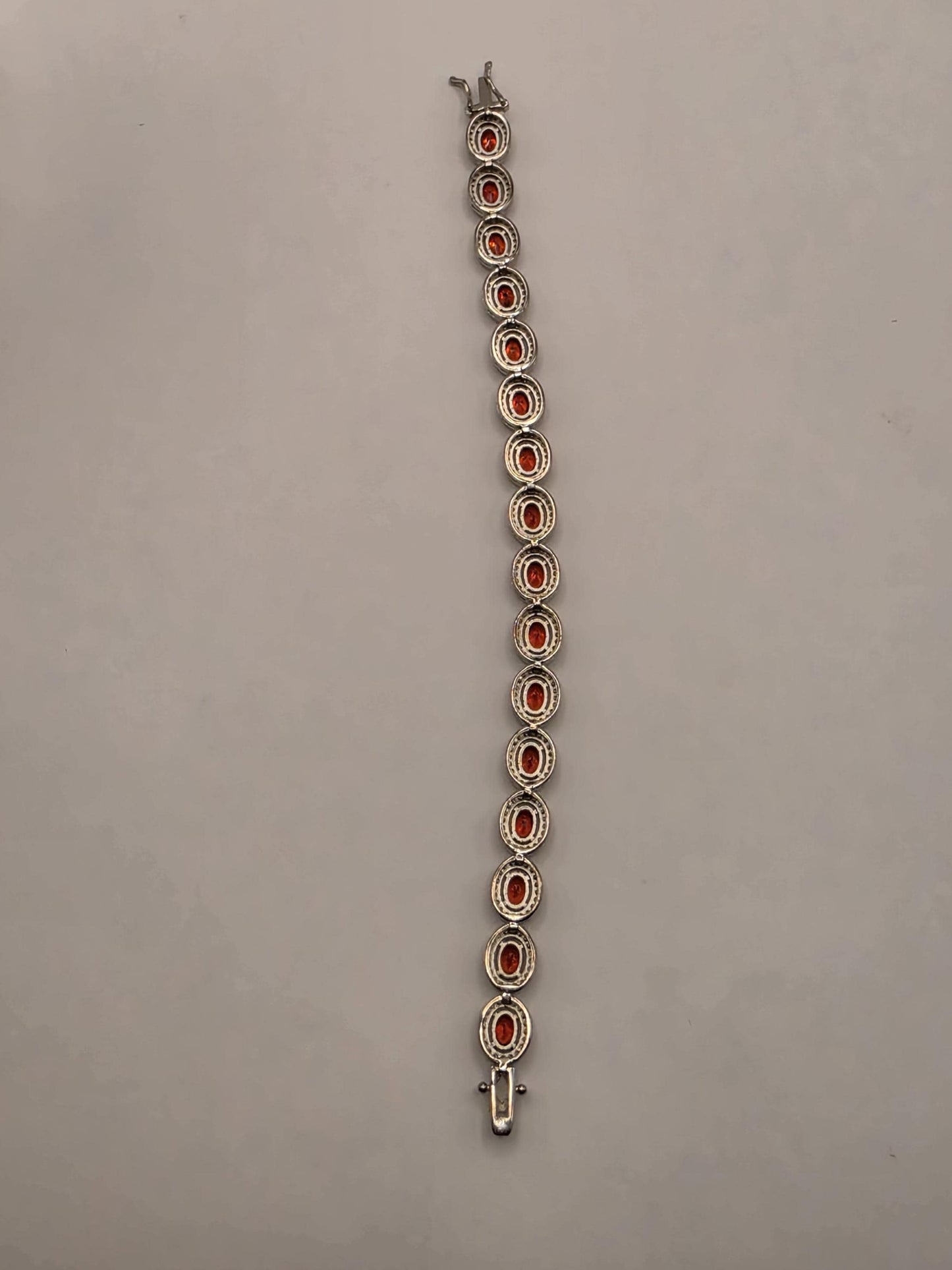 Sterling Silver Natural Garnet CZ Halo Tennis Bracelet 7 Inch 8.5mm 16 Grams Oval Red Gemstone Statement Jewelry