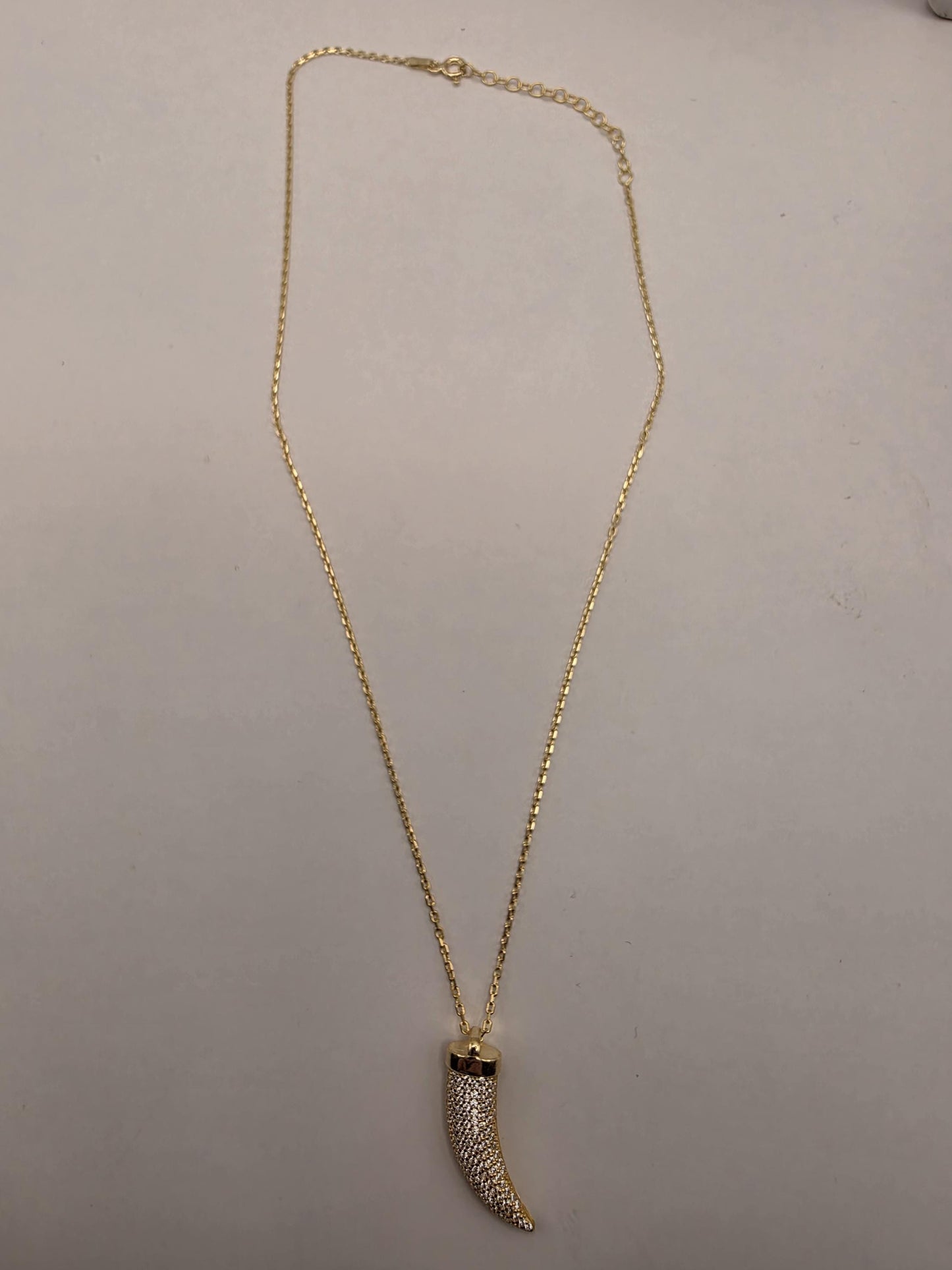 Gold Plated Sterling Silver Cornicello Necklace 17 Inch Italian Horn Good Luck Amulet Two Tone Mesh Pendant 4.9g