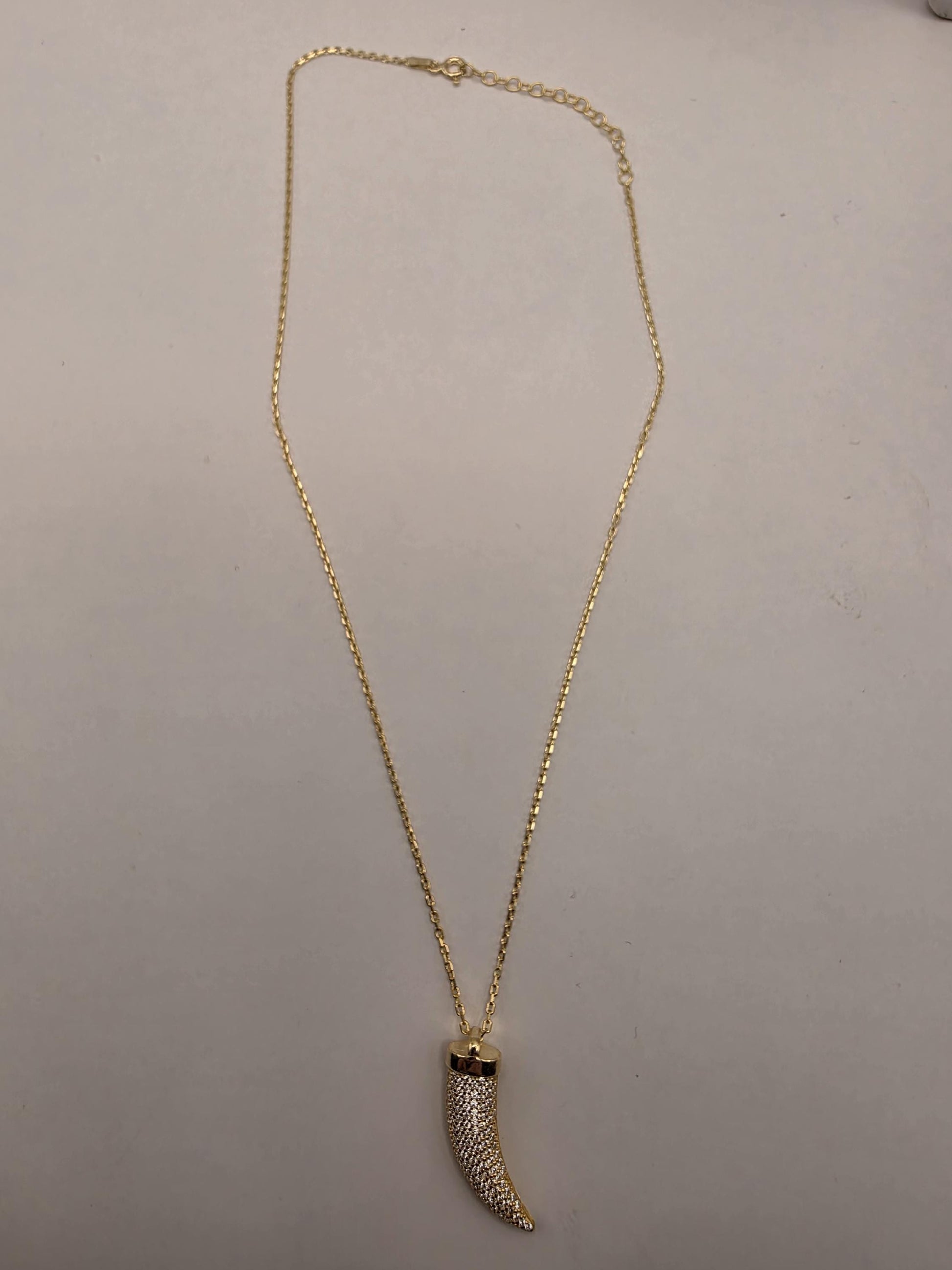 Gold Plated Sterling Silver Cornicello Necklace 17 Inch Italian Horn Good Luck Amulet Two Tone Mesh Pendant 4.9g