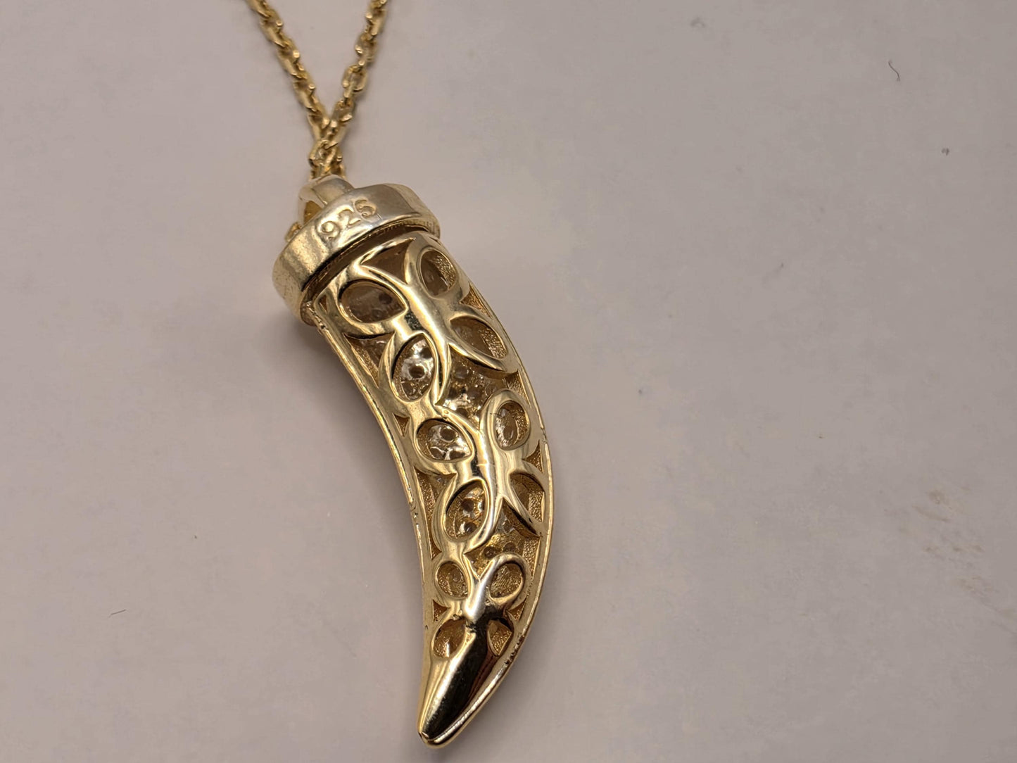 Gold Plated Sterling Silver Cornicello Necklace 17 Inch Italian Horn Good Luck Amulet Two Tone Mesh Pendant 4.9g