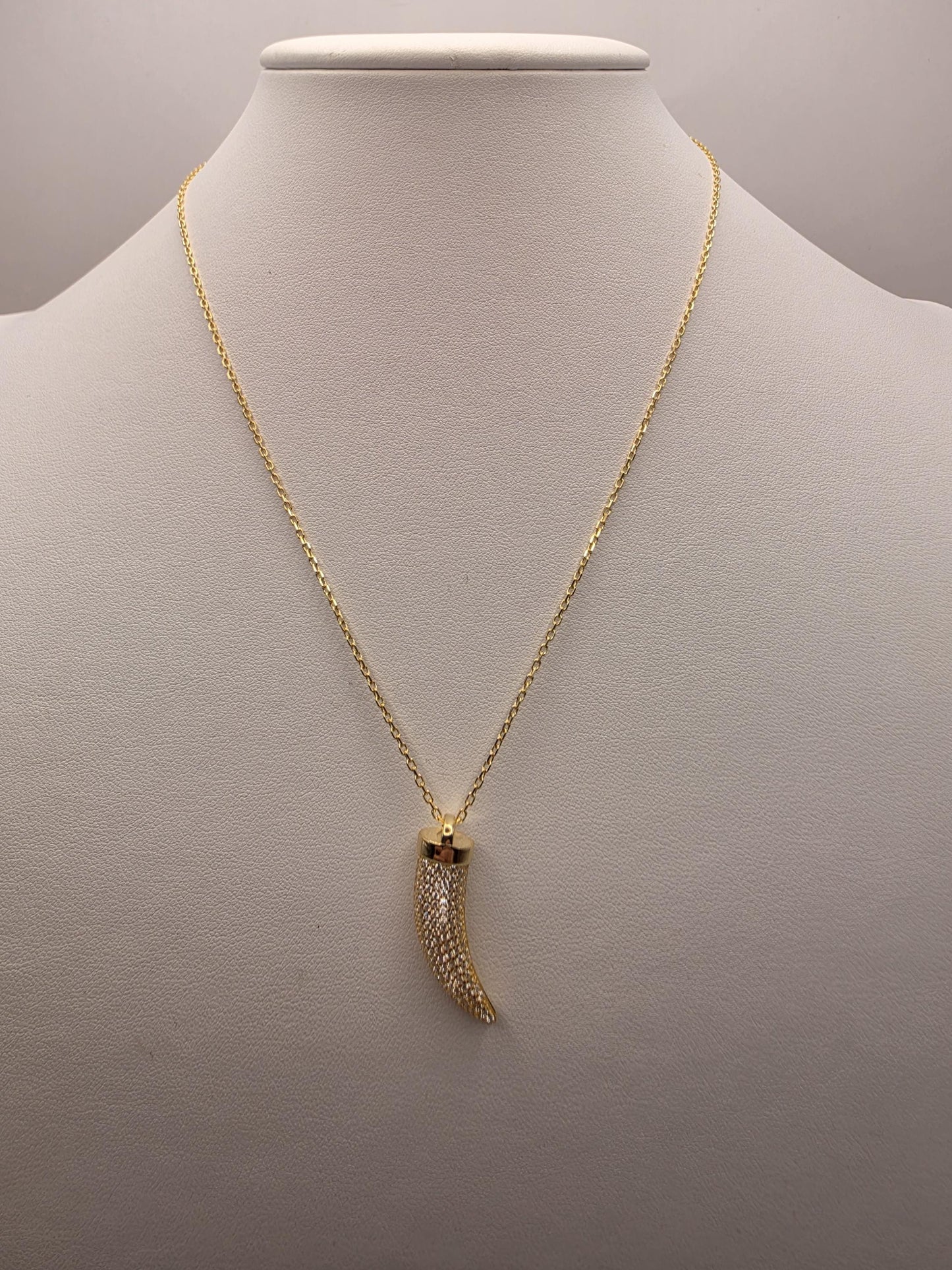Gold Plated Sterling Silver Cornicello Necklace 17 Inch Italian Horn Good Luck Amulet Two Tone Mesh Pendant 4.9g
