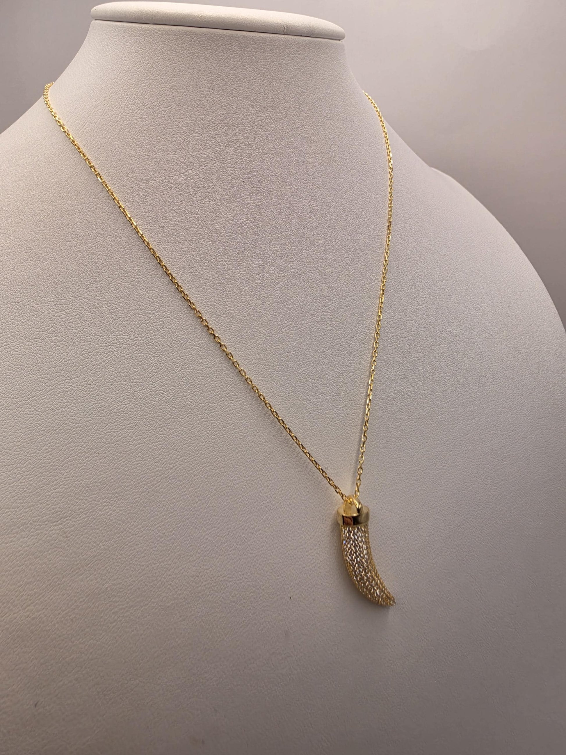 Gold Plated Sterling Silver Cornicello Necklace 17 Inch Italian Horn Good Luck Amulet Two Tone Mesh Pendant 4.9g
