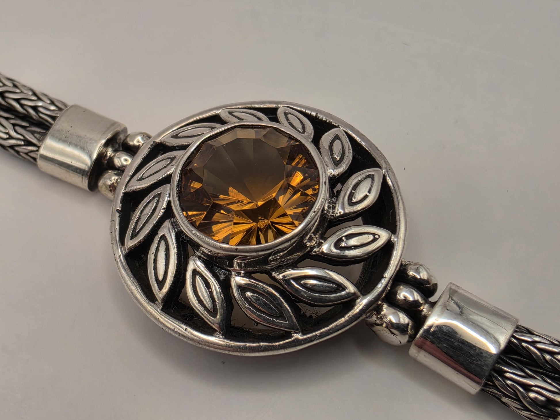 Sterling Silver Natural Citrine Toggle Bracelet 7.5 Inch 20 Grams Three Stone Textured Statement Gemstone Jewelry