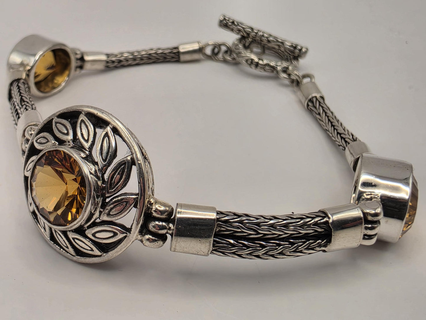 Sterling Silver Natural Citrine Toggle Bracelet 7.5 Inch 20 Grams Three Stone Textured Statement Gemstone Jewelry
