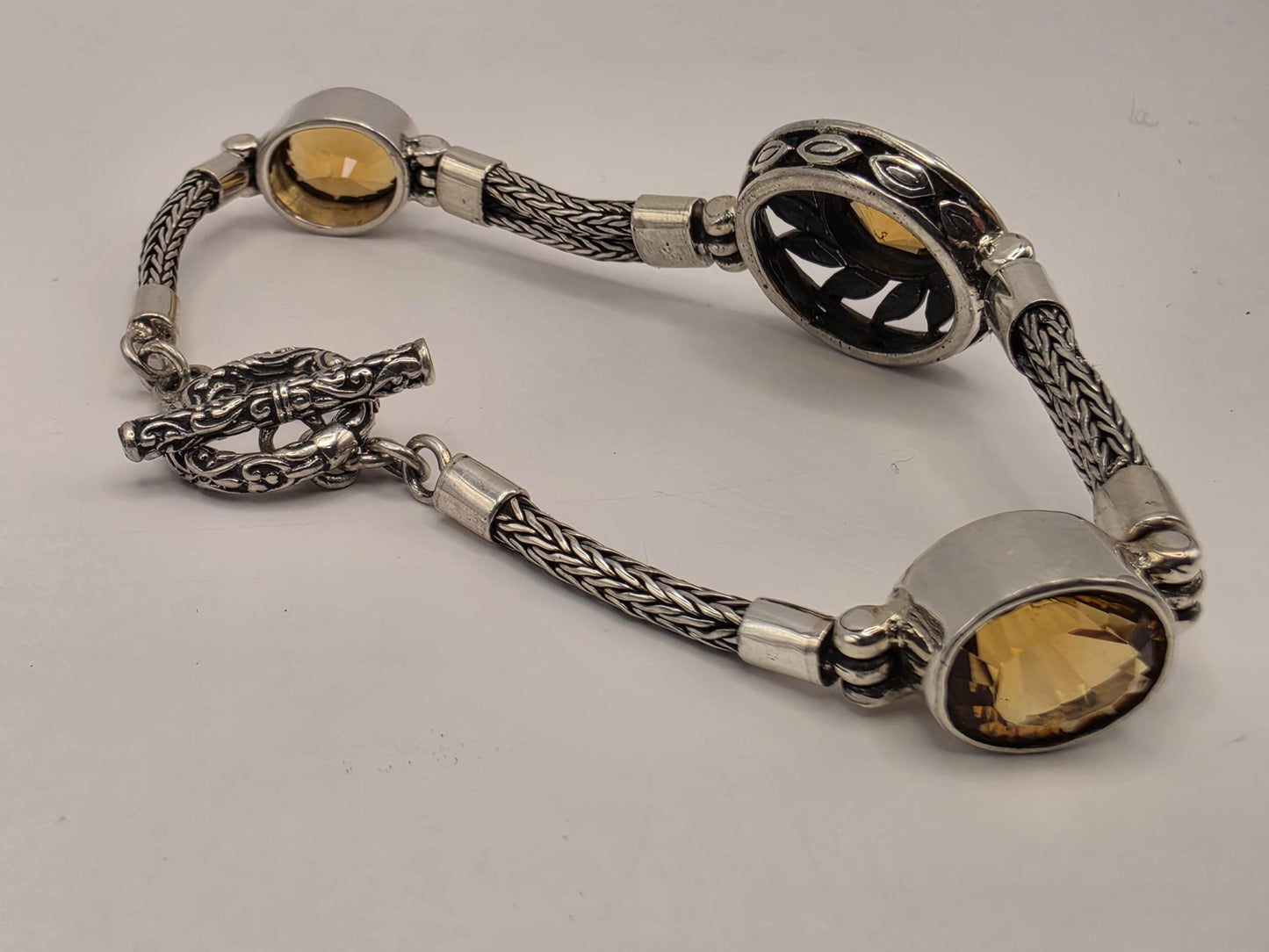 Sterling Silver Natural Citrine Toggle Bracelet 7.5 Inch 20 Grams Three Stone Textured Statement Gemstone Jewelry