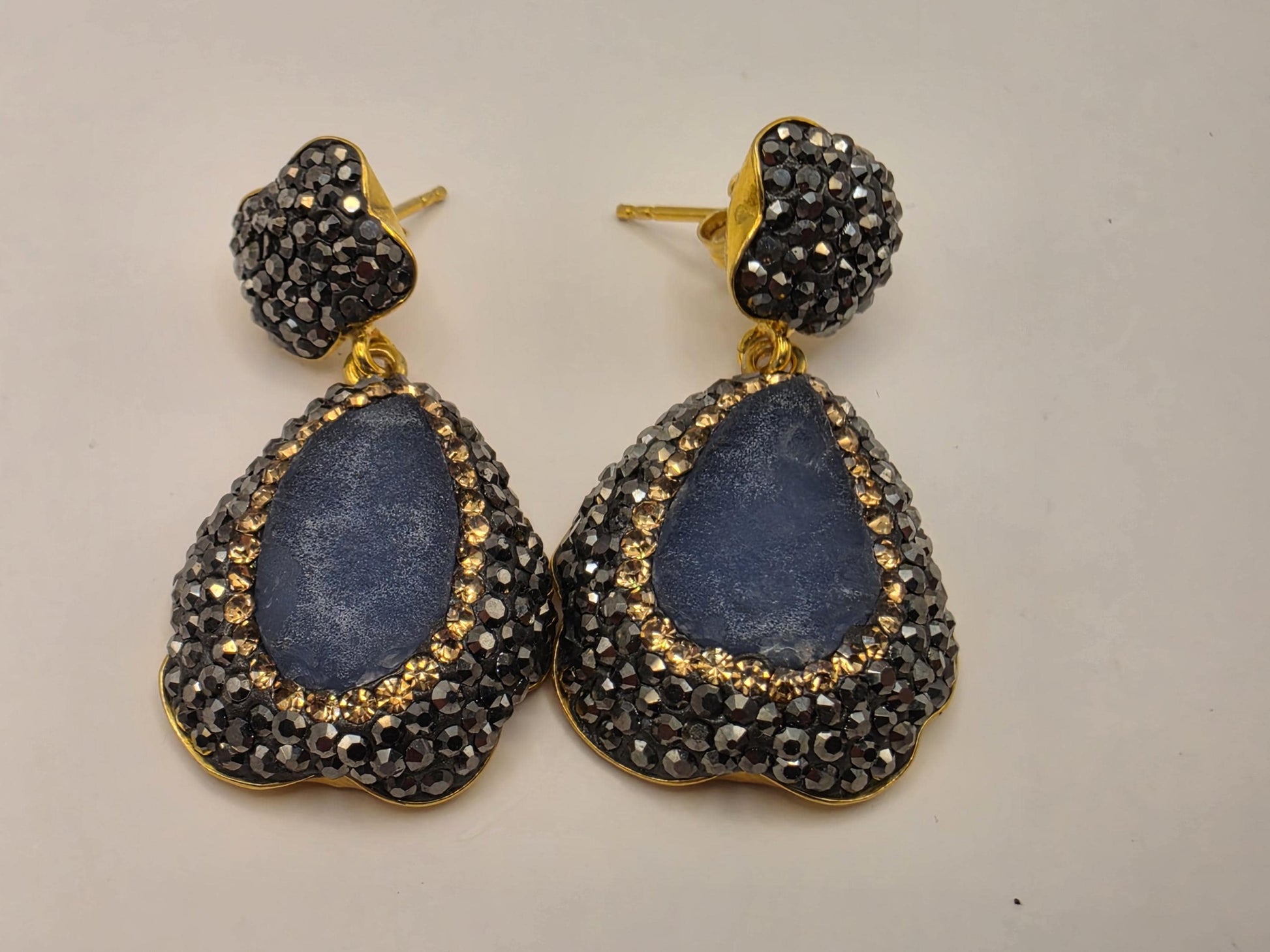 Gold Plated Sterling Silver Raw Blue Sapphire Marcasite Drop Earrings 1.5 Inch 12.4 Grams Statement Jewelry