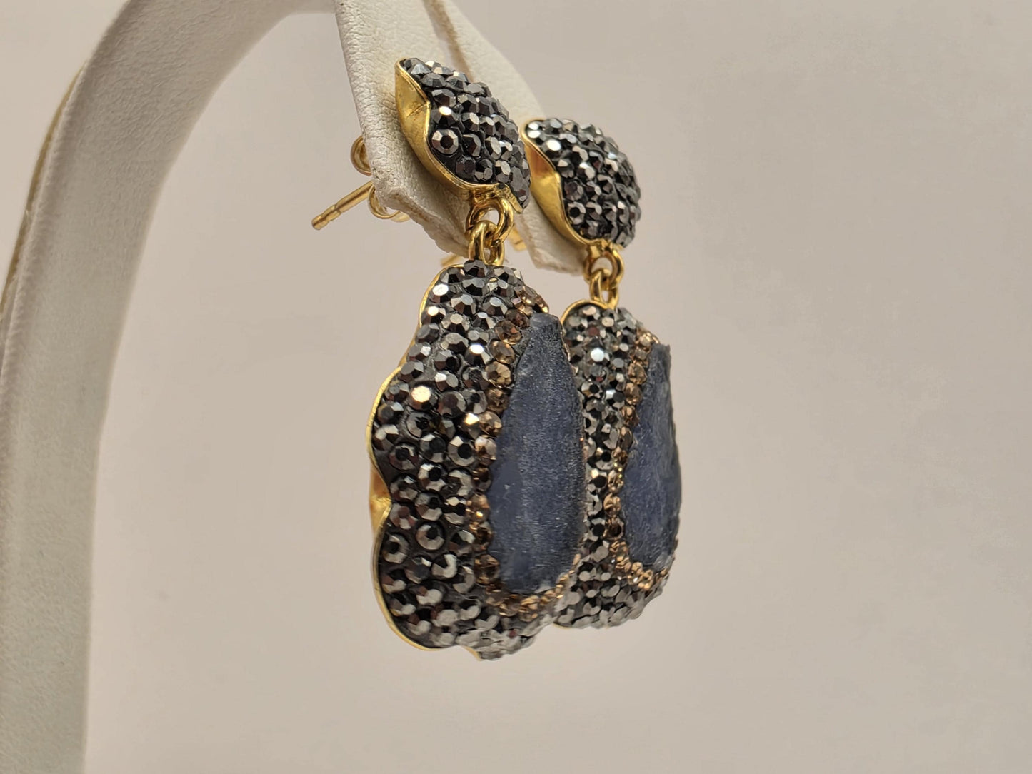 Gold Plated Sterling Silver Raw Blue Sapphire Marcasite Drop Earrings 1.5 Inch 12.4 Grams Statement Jewelry