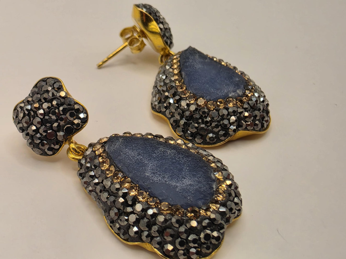Gold Plated Sterling Silver Raw Blue Sapphire Marcasite Drop Earrings 1.5 Inch 12.4 Grams Statement Jewelry
