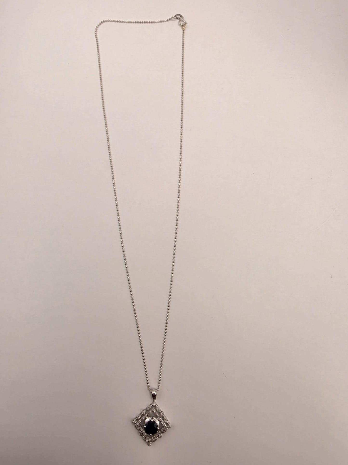 14K White Gold Blue Sapphire Diamond Halo Necklace 18 Inch Square Pendant Fine Jewelry
