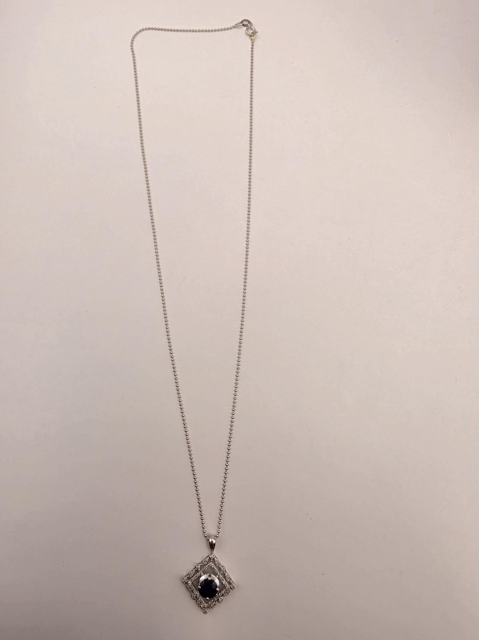 14K White Gold Blue Sapphire Diamond Halo Necklace 18 Inch Square Pendant Fine Jewelry