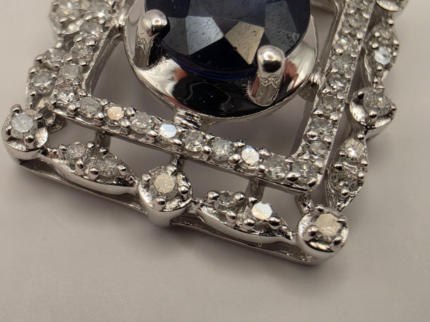 14K White Gold Blue Sapphire Diamond Halo Necklace 18 Inch Square Pendant Fine Jewelry