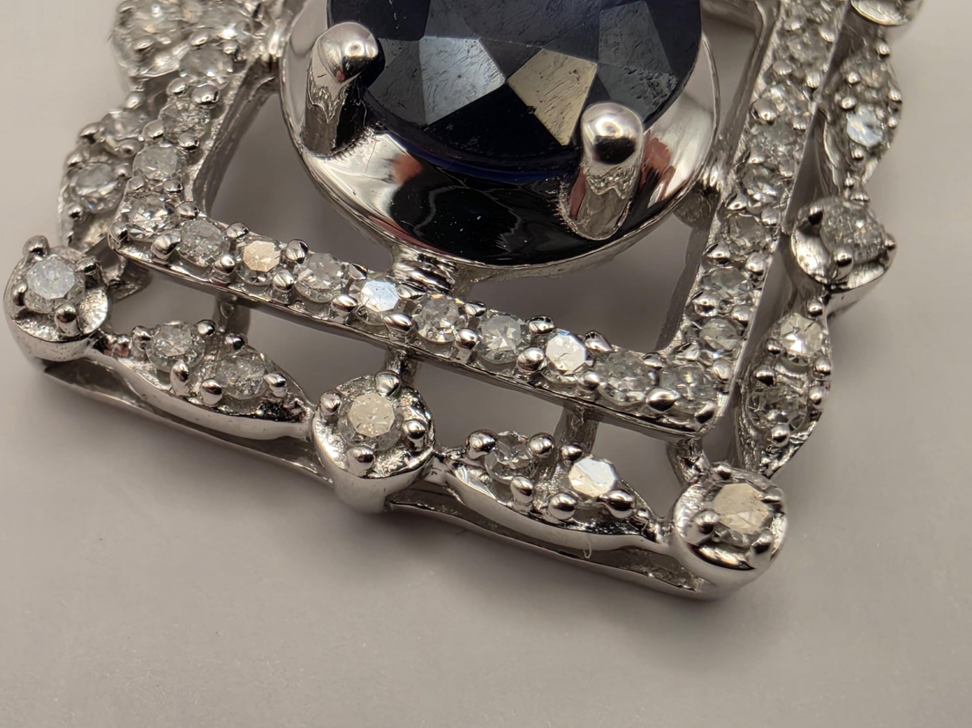 14K White Gold Blue Sapphire Diamond Halo Necklace 18 Inch Square Pendant Fine Jewelry