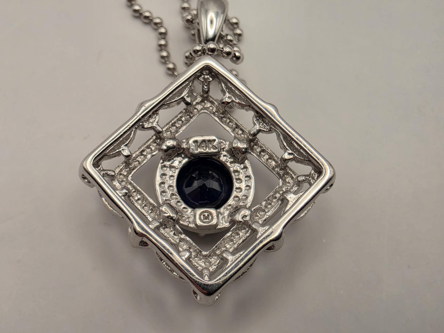 14K White Gold Blue Sapphire Diamond Halo Necklace 18 Inch Square Pendant Fine Jewelry