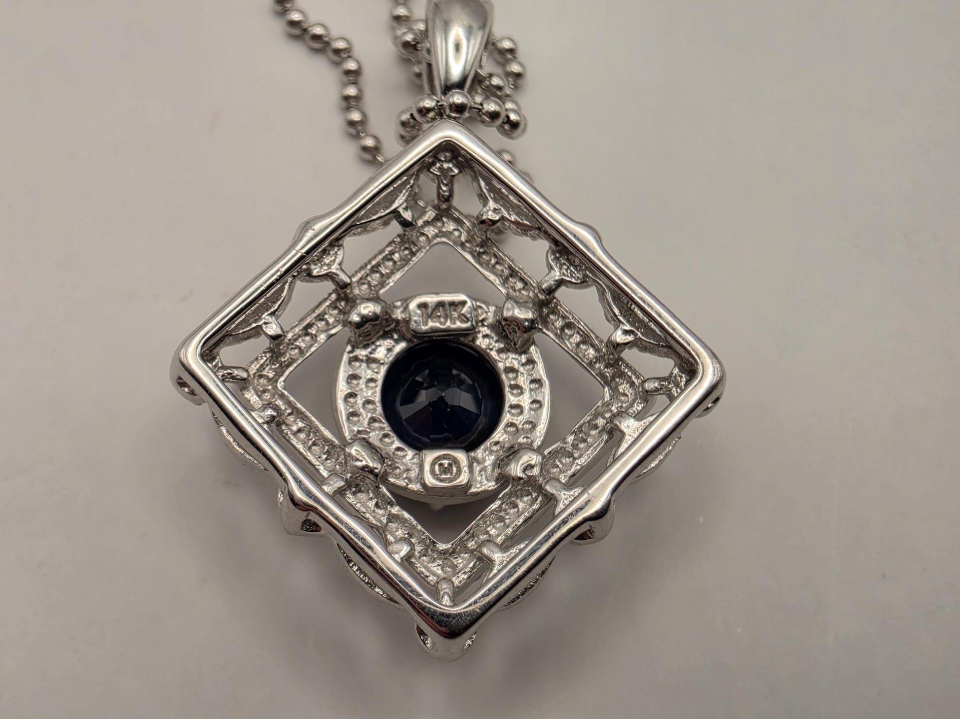 14K White Gold Blue Sapphire Diamond Halo Necklace 18 Inch Square Pendant Fine Jewelry