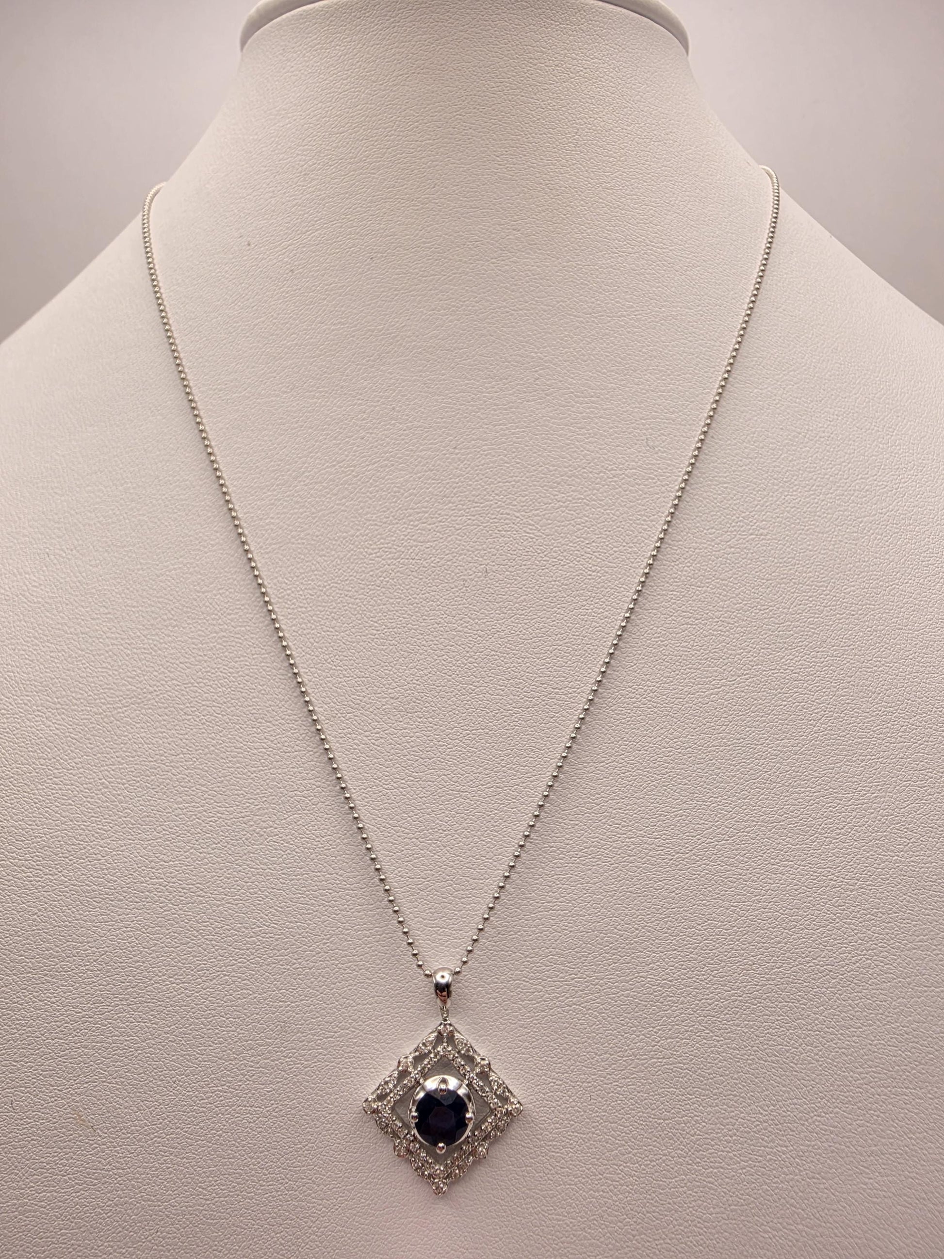 14K White Gold Blue Sapphire Diamond Halo Necklace 18 Inch Square Pendant Fine Jewelry