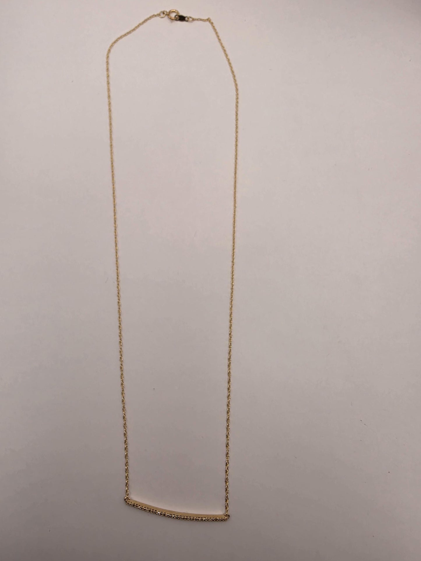 14K Yellow Gold Diamond Curved Bar Necklace 19.25 Inch Pave Minimalist Fine Jewelry