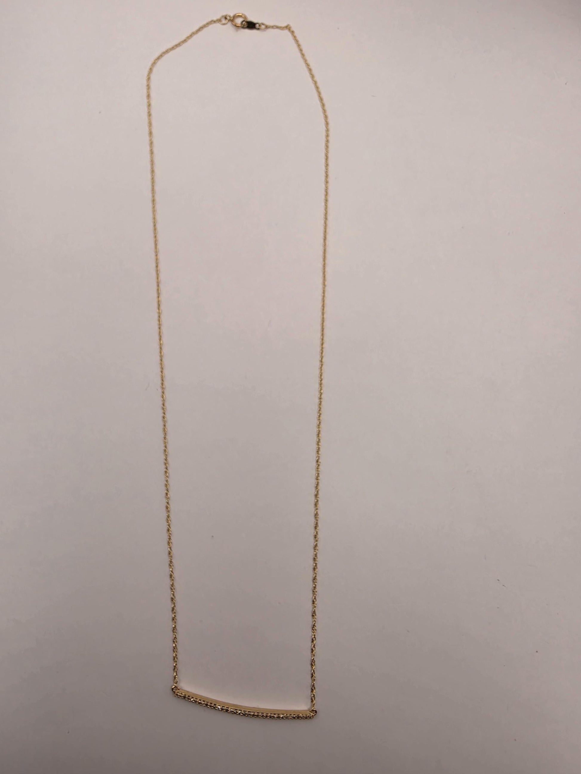14K Yellow Gold Diamond Curved Bar Necklace 19.25 Inch Pave Minimalist Fine Jewelry