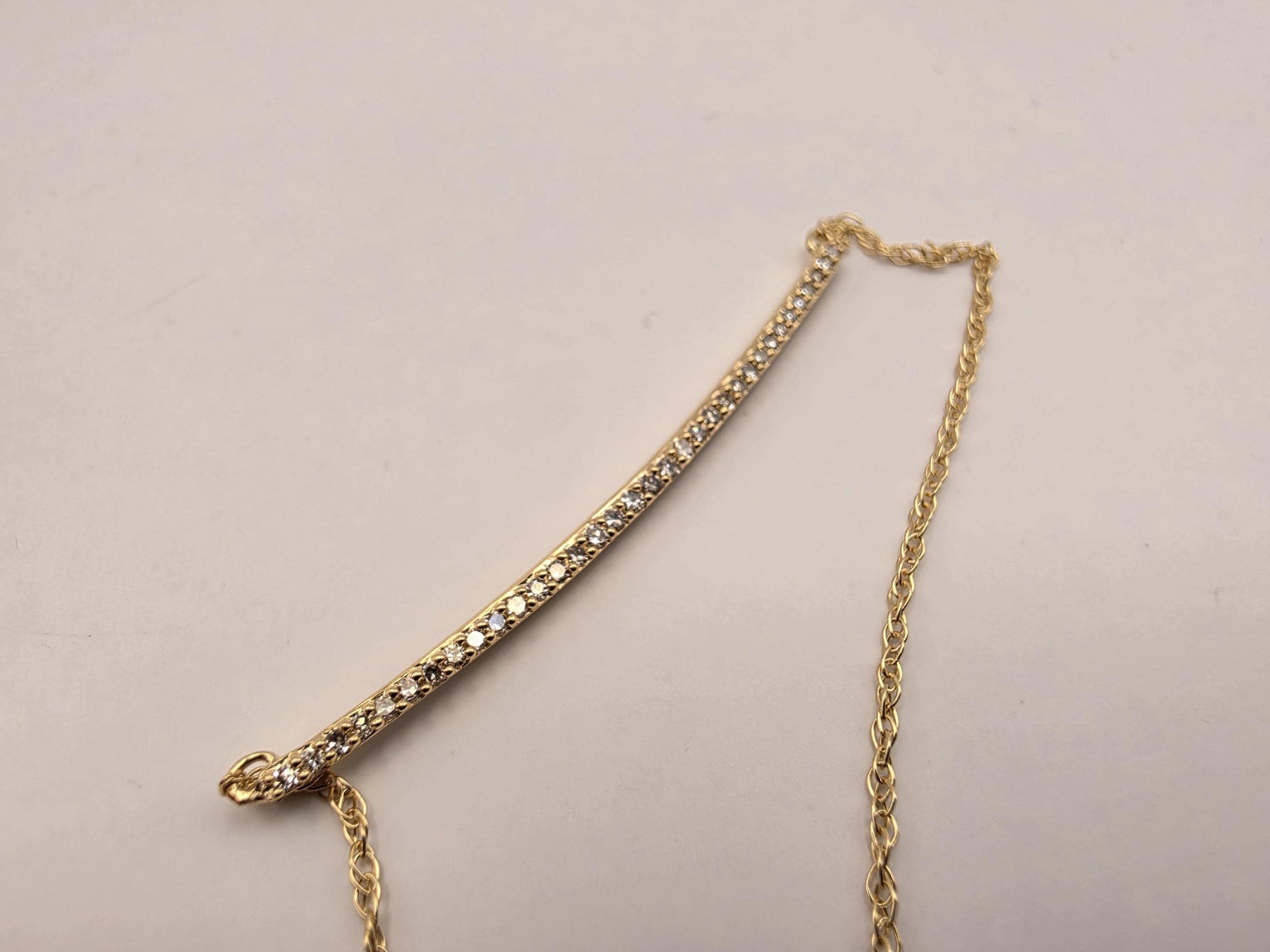14K Yellow Gold Diamond Curved Bar Necklace 19.25 Inch Pave Minimalist Fine Jewelry