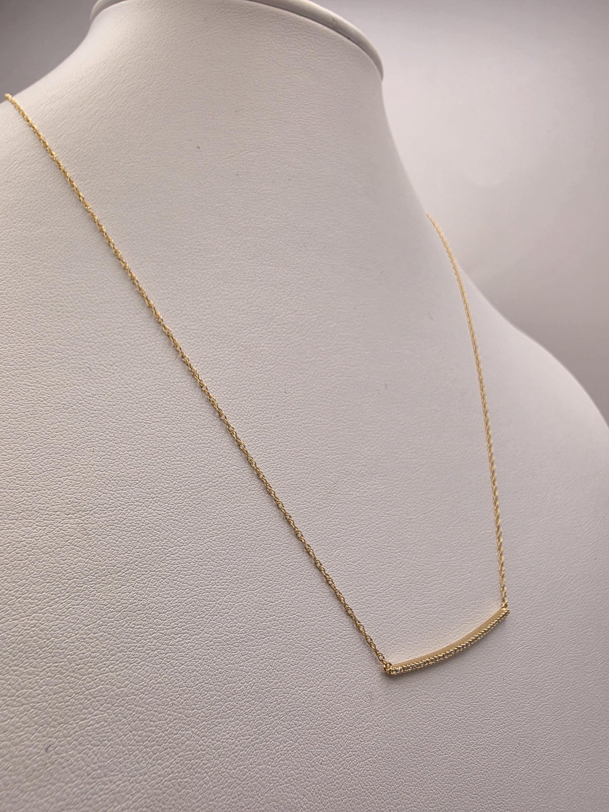 14K Yellow Gold Diamond Curved Bar Necklace 19.25 Inch Pave Minimalist Fine Jewelry