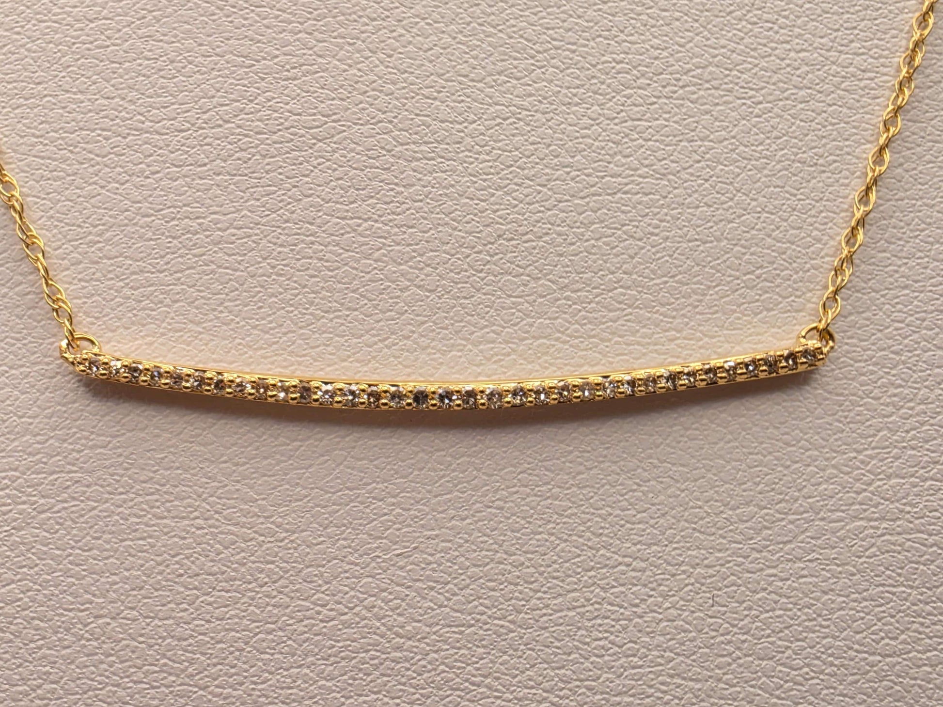 14K Yellow Gold Diamond Curved Bar Necklace 19.25 Inch Pave Minimalist Fine Jewelry