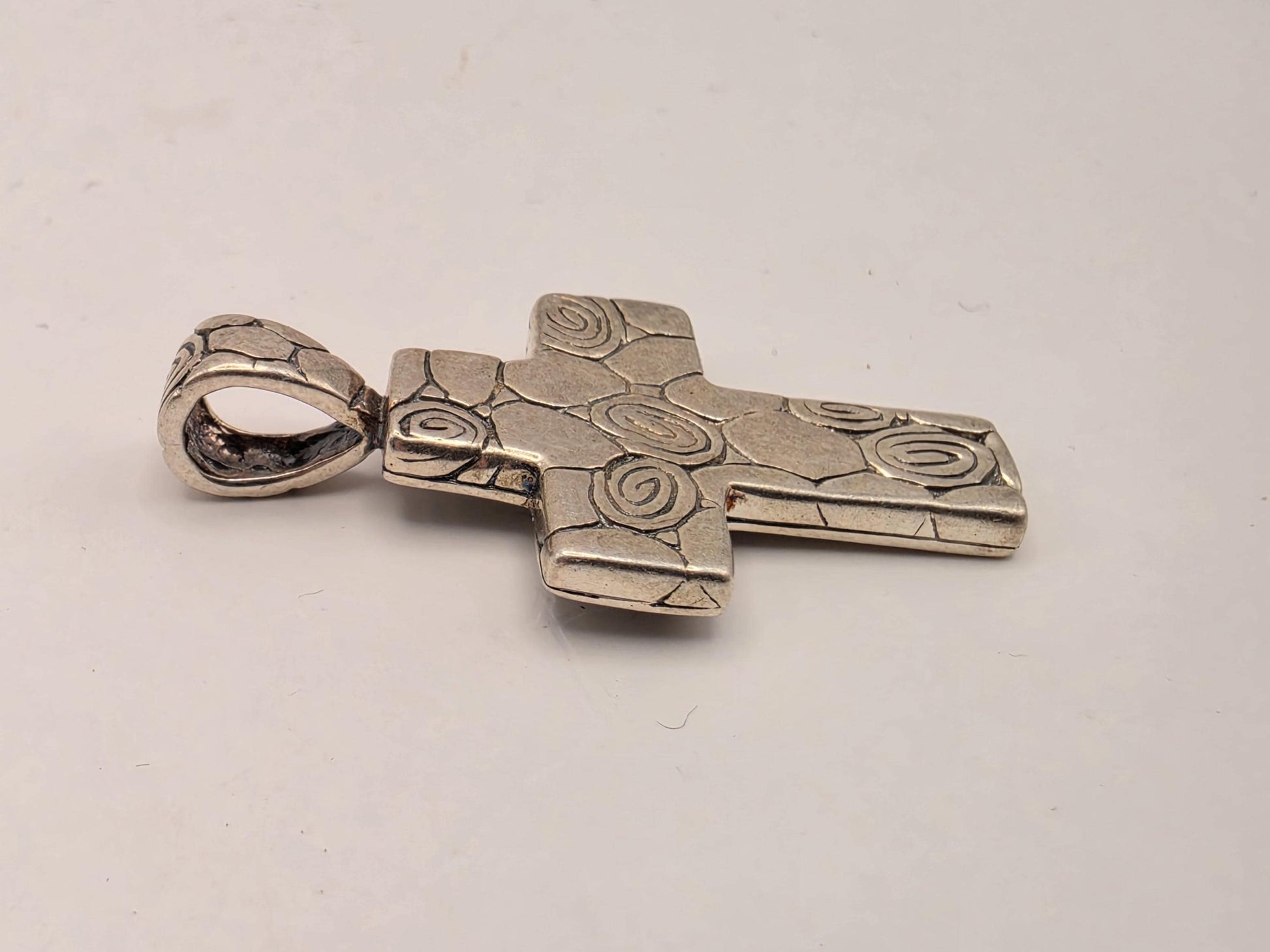 Sterling Silver Textured Spiral Cross Pendant 1.06 Inch 5.4 Grams Artisan Christian Jewelry