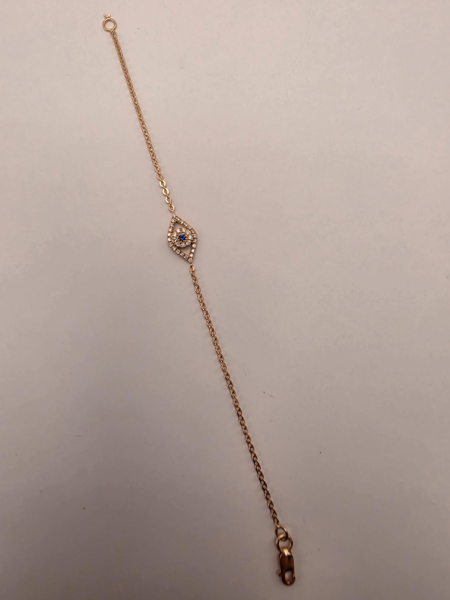 14K Rose Gold Diamond Sapphire Evil Eye Bracelet 6 Inch 0.16 CTW Fine Jewelry
