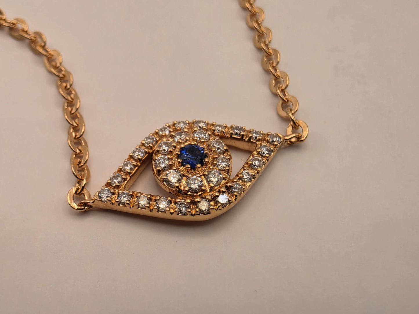 14K Rose Gold Diamond Sapphire Evil Eye Bracelet 6 Inch 0.16 CTW Fine Jewelry