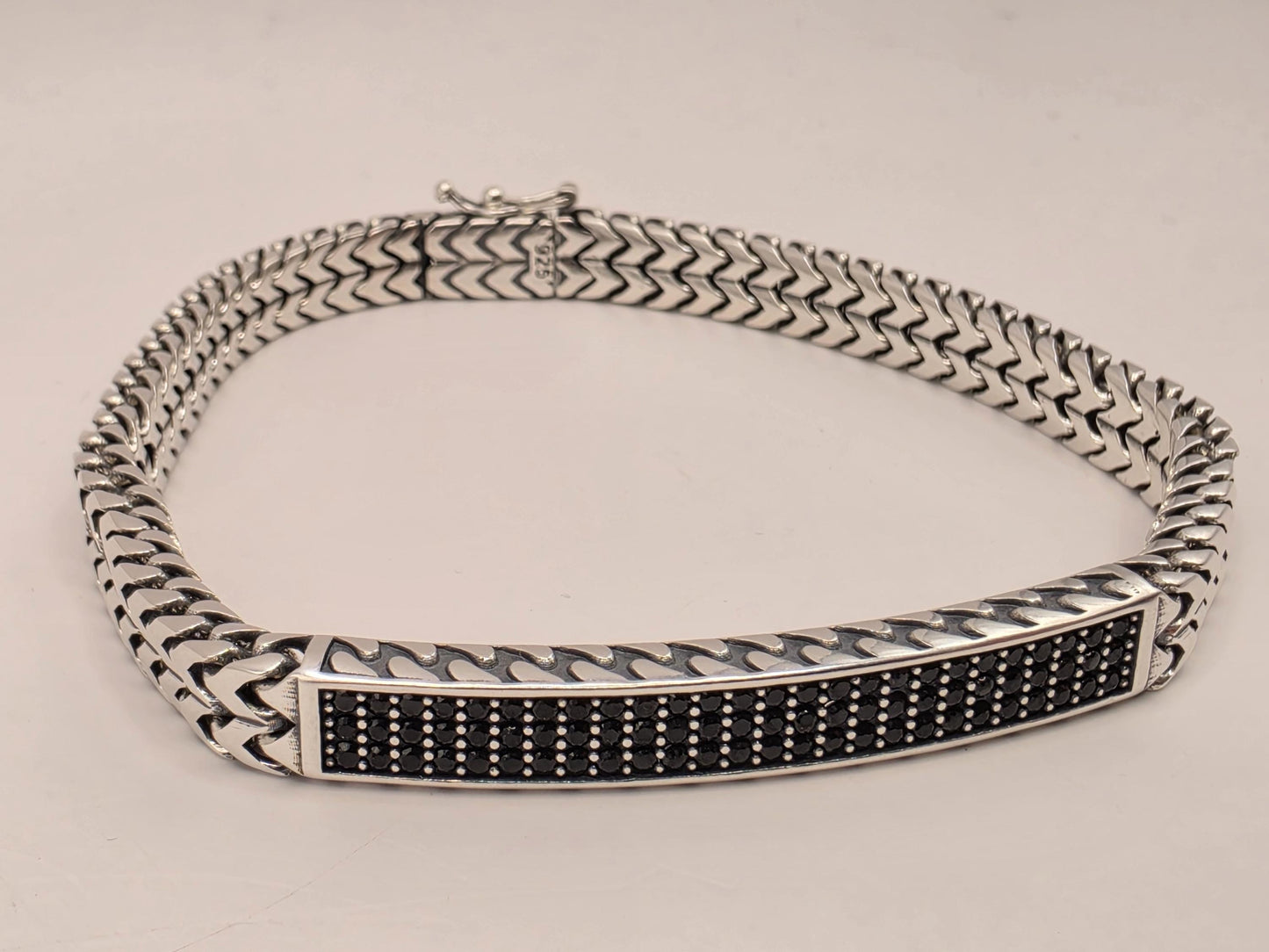 Sterling Silver Black CZ Station Bracelet 8.5 Inch 7mm 32.6 Grams Unisex Statement Jewelry Gift