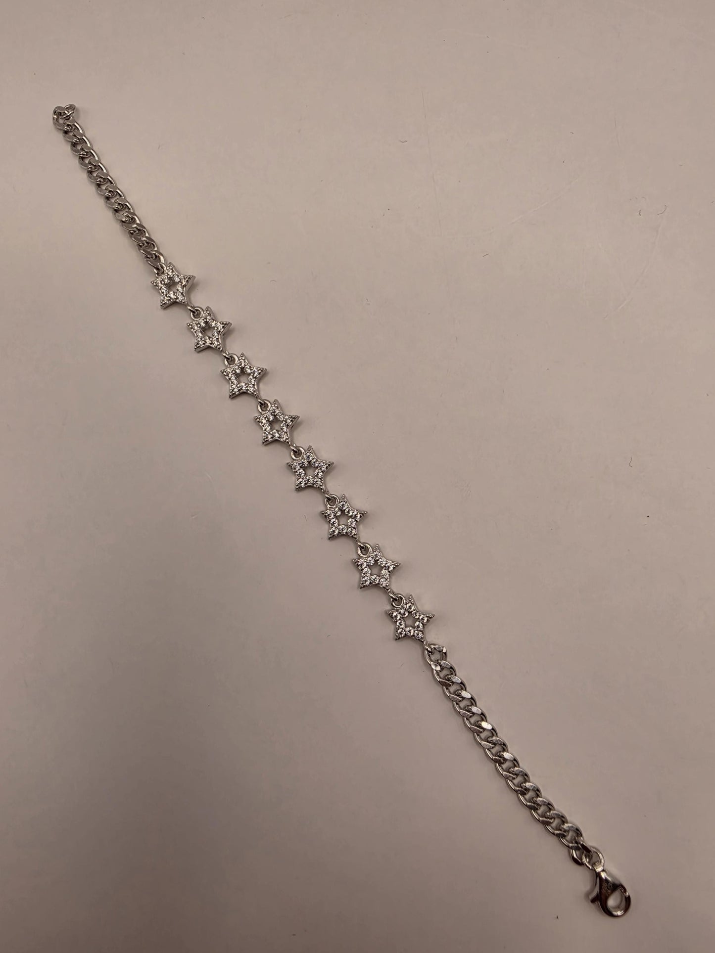 Sterling Silver CZ Star Link Bracelet 6.5 Inch 8.1mm 5.5 Grams Celestial Jewelry Gift