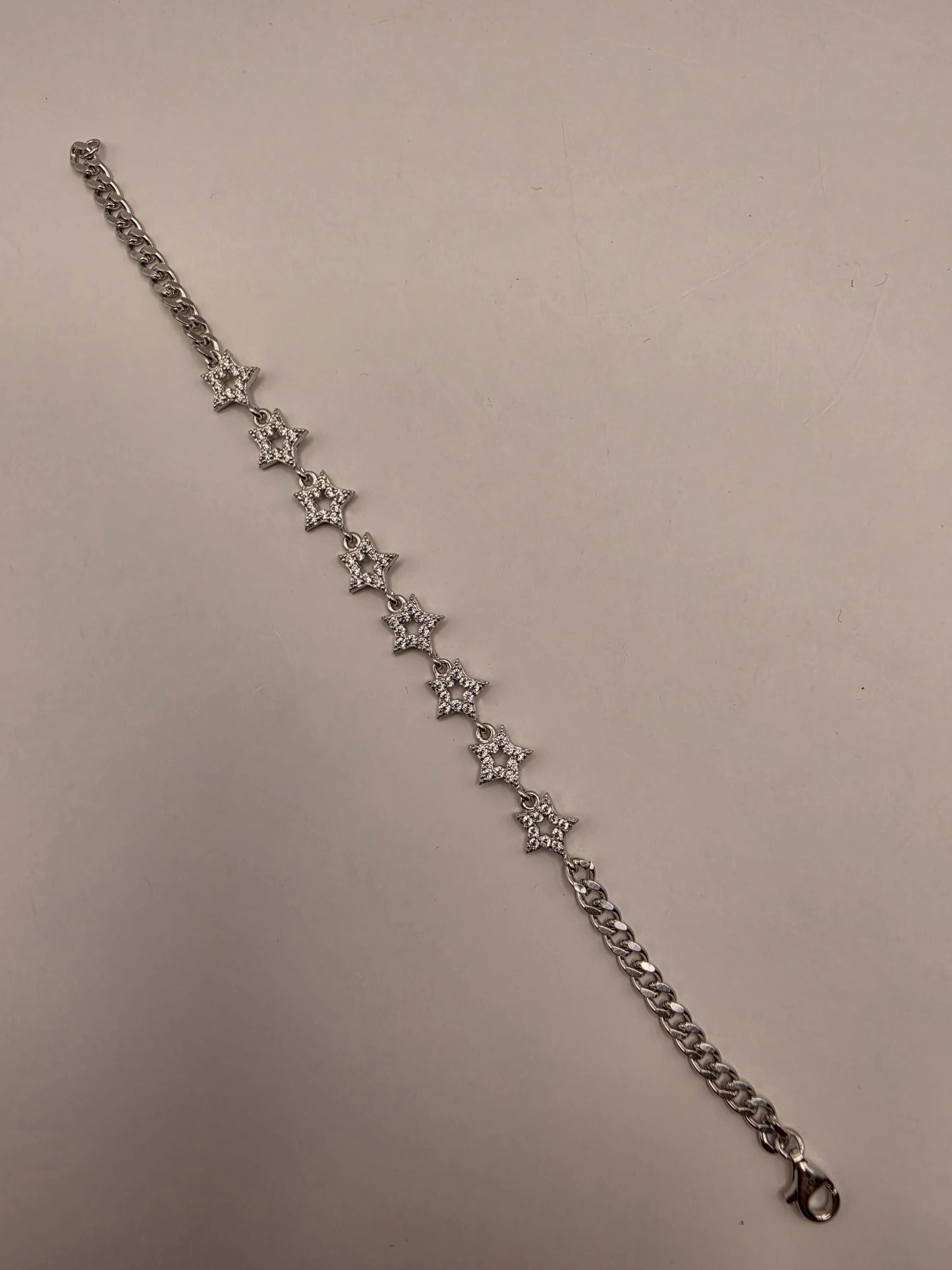 Sterling Silver CZ Star Link Bracelet 6.5 Inch 8.1mm 5.5 Grams Celestial Jewelry Gift