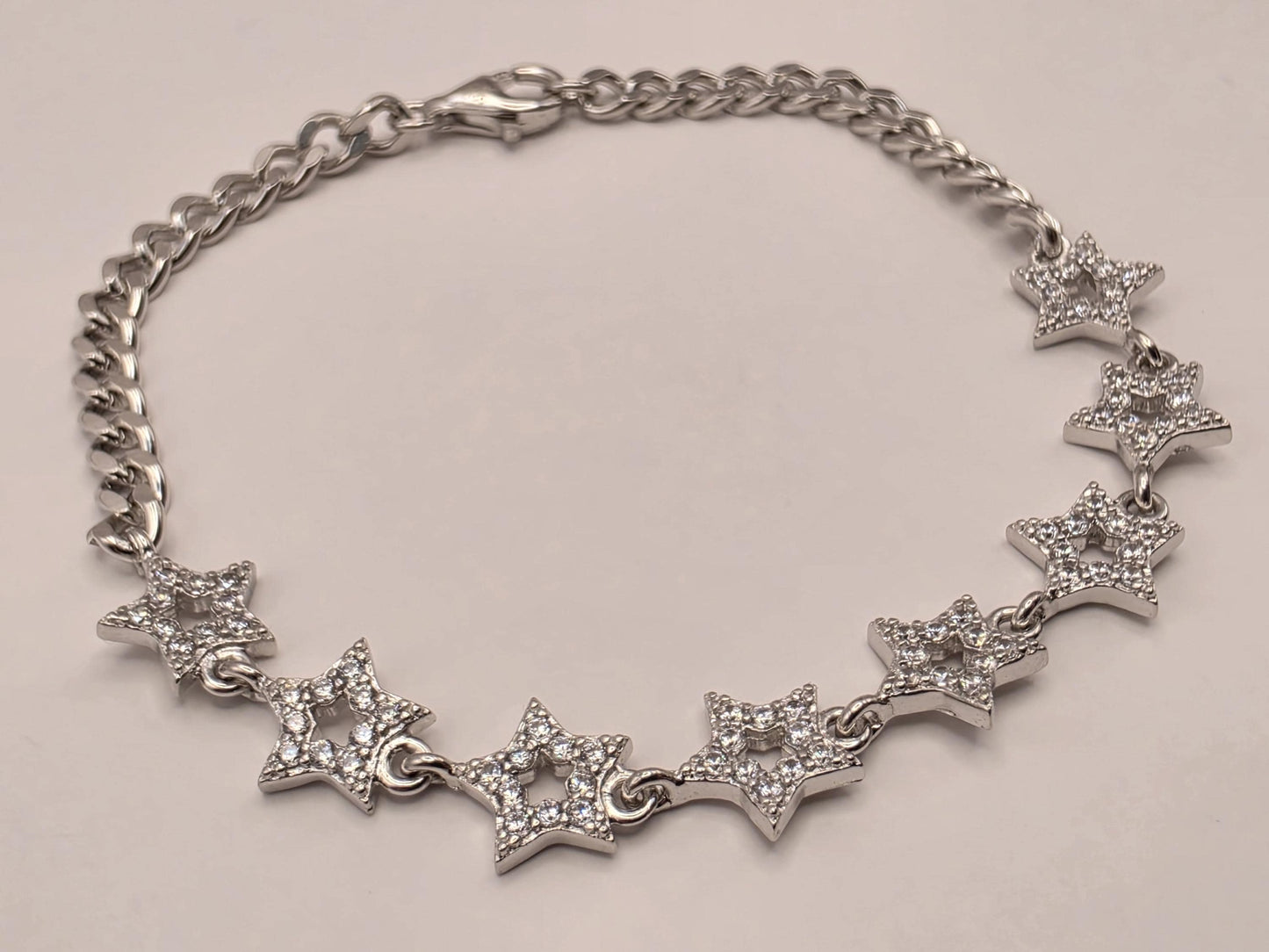 Sterling Silver CZ Star Link Bracelet 6.5 Inch 8.1mm 5.5 Grams Celestial Jewelry Gift