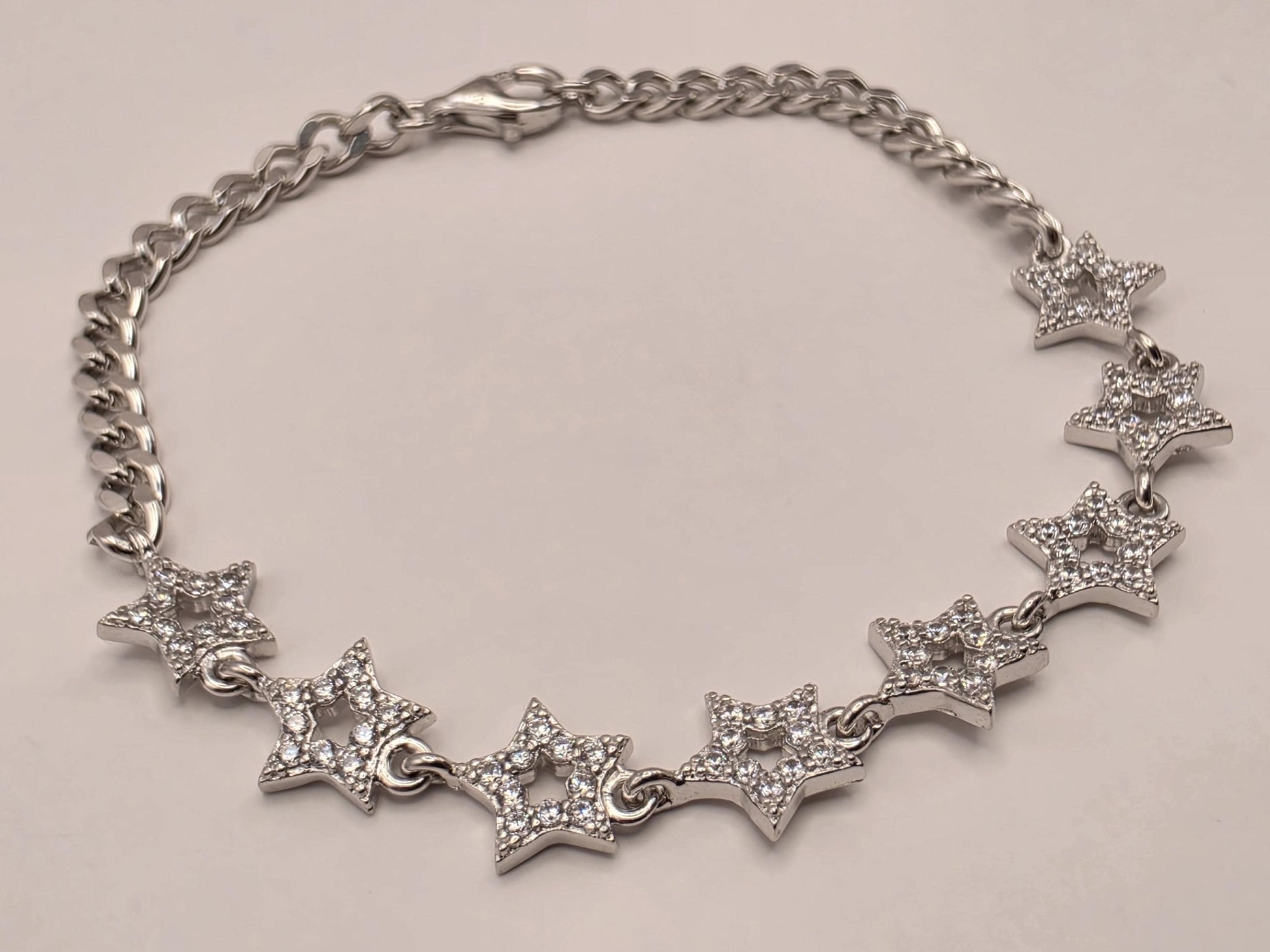 Sterling Silver CZ Star Link Bracelet 6.5 Inch 8.1mm 5.5 Grams Celestial Jewelry Gift
