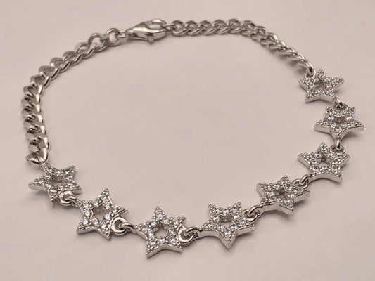 Sterling Silver CZ Star Link Bracelet 6.5 Inch 8.1mm 5.5 Grams Celestial Jewelry Gift