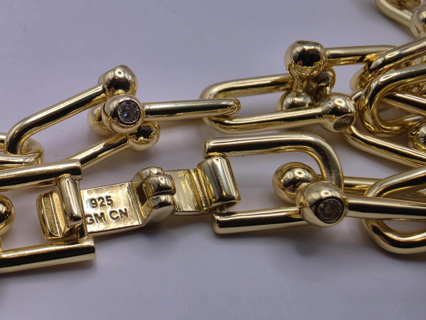 Gold Plated Sterling Silver CZ Barbell Paperclip Necklace 22" 8mm - view 3