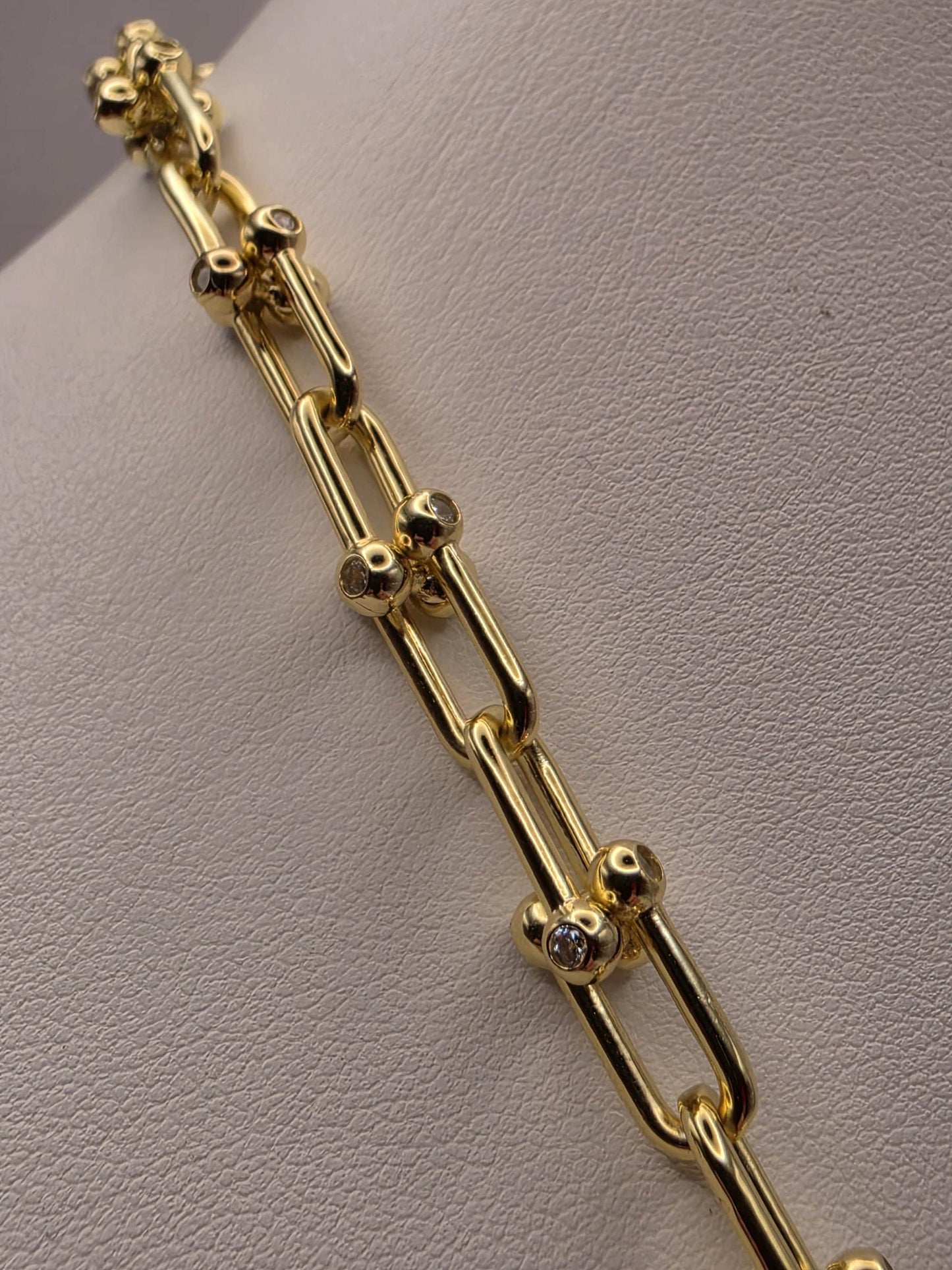 Gold Plated Sterling Silver CZ Barbell Paperclip Necklace 22" 8mm - view 6