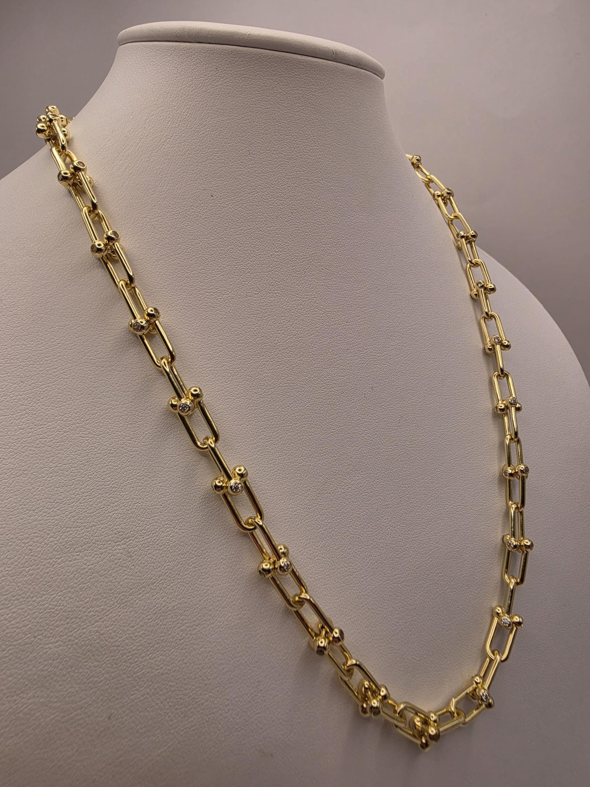 Gold Plated Sterling Silver CZ Barbell Paperclip Necklace 22" 8mm - view 2