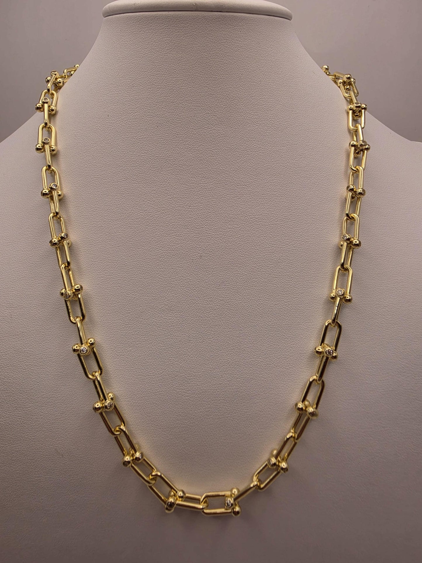 Gold Plated Sterling Silver CZ Barbell Paperclip Necklace 22" 8mm - view 1