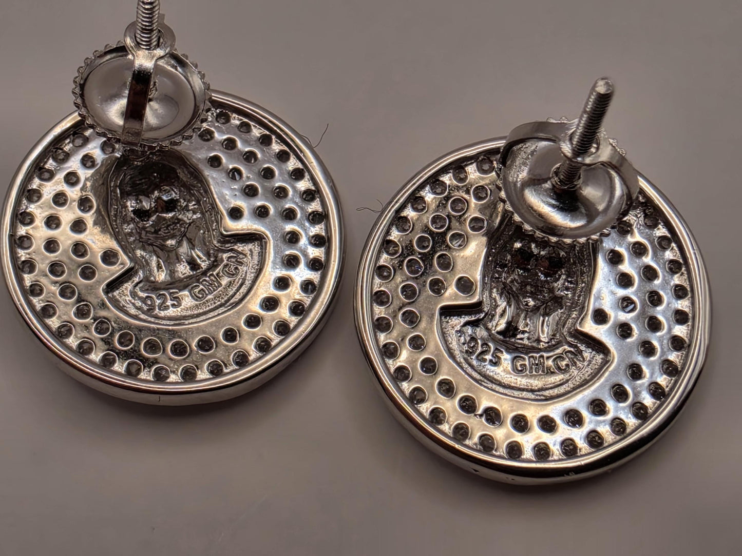 Sterling Silver CZ Face Medallion Stud Earrings .625" - view 3