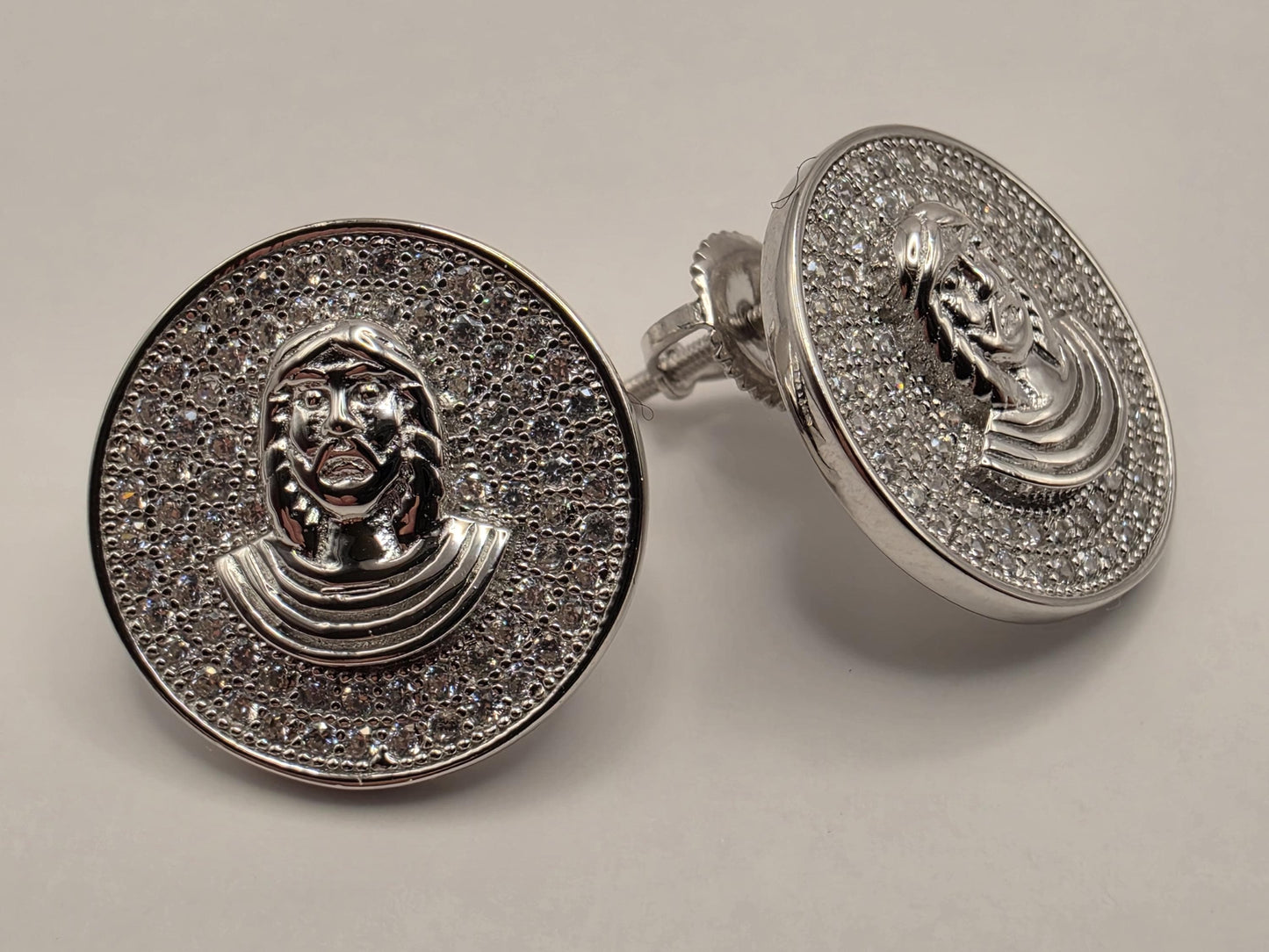 Sterling Silver CZ Face Medallion Stud Earrings .625" - view 1