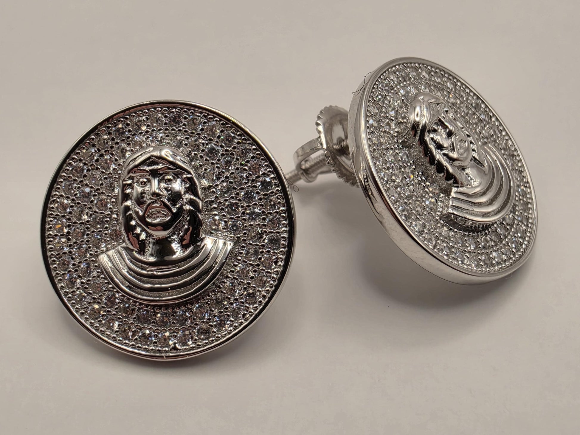 Sterling Silver CZ Face Medallion Stud Earrings .625" - view 1