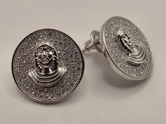Sterling Silver CZ Face Medallion Stud Earrings .625" - view 1