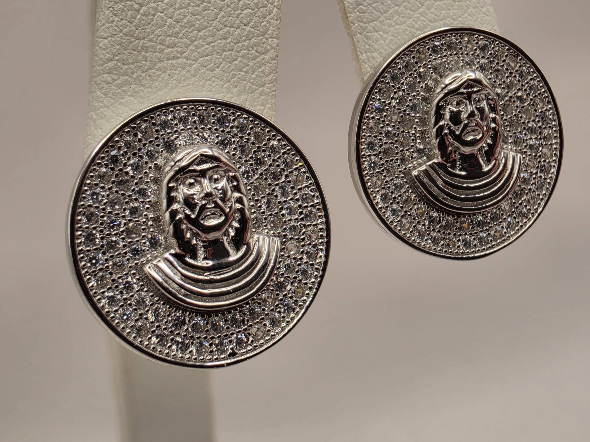 Sterling Silver CZ Face Medallion Stud Earrings .625" - view 4