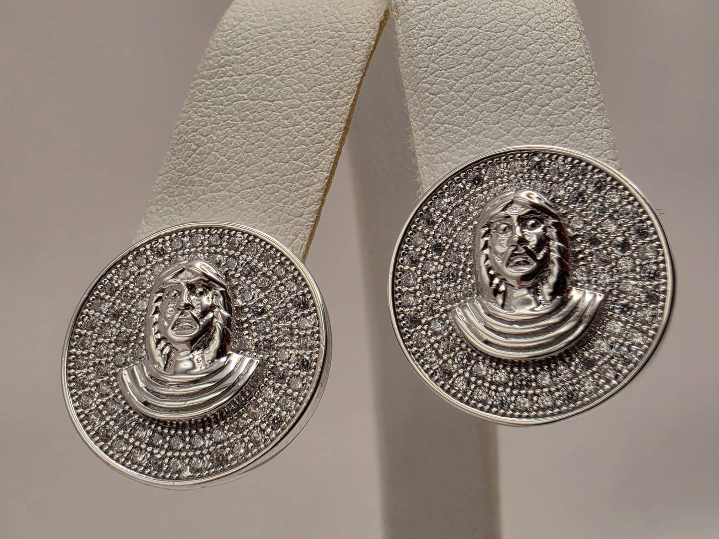 Sterling Silver CZ Face Medallion Stud Earrings .625" - view 5