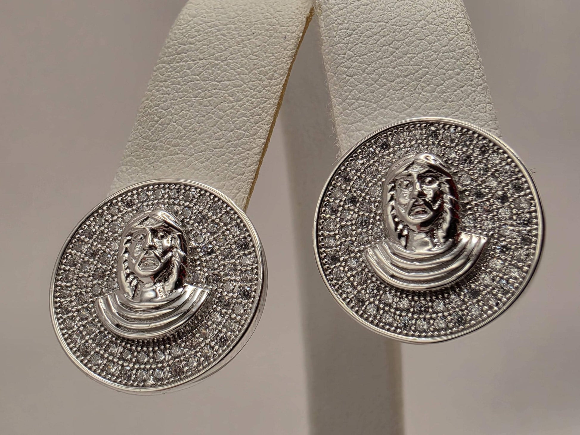 Sterling Silver CZ Face Medallion Stud Earrings .625" - view 5