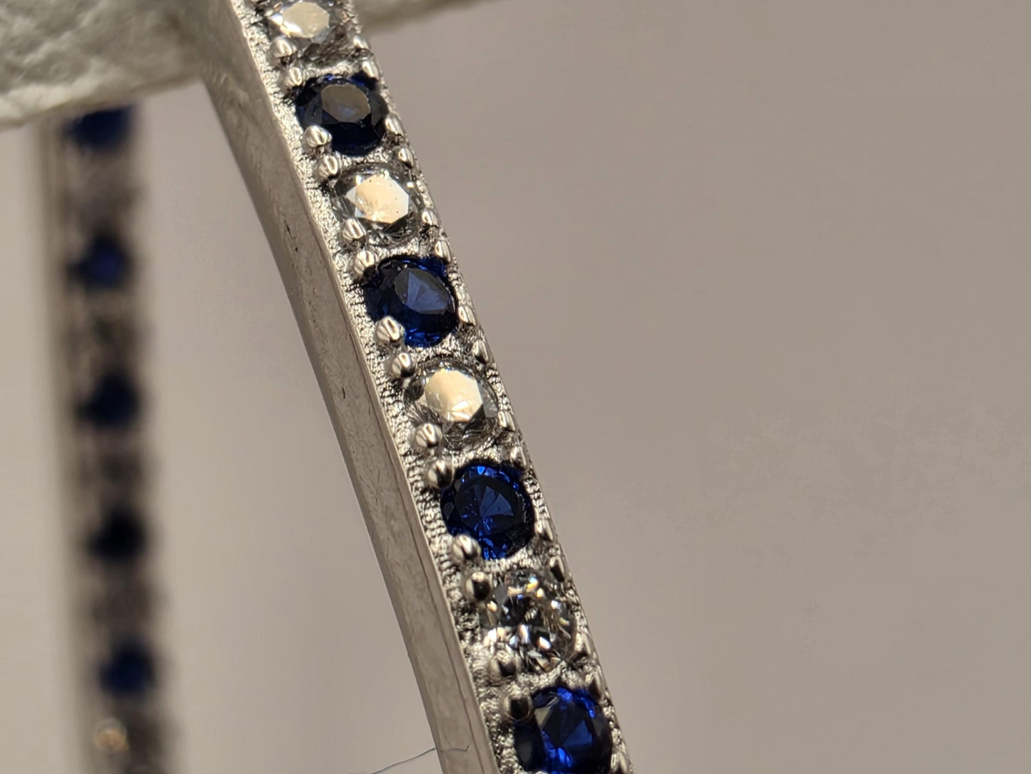 Sterling Silver Blue and White CZ Oval Hoop Earrings 1.5" - view 6