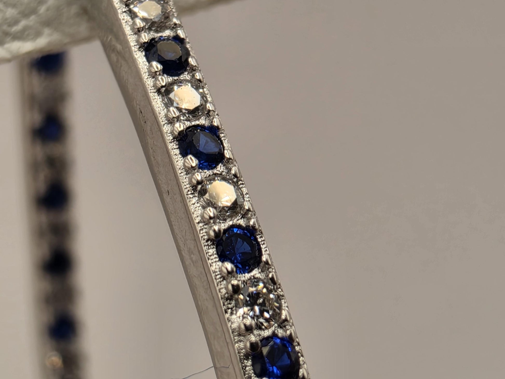 Sterling Silver Blue and White CZ Oval Hoop Earrings 1.5" - view 6