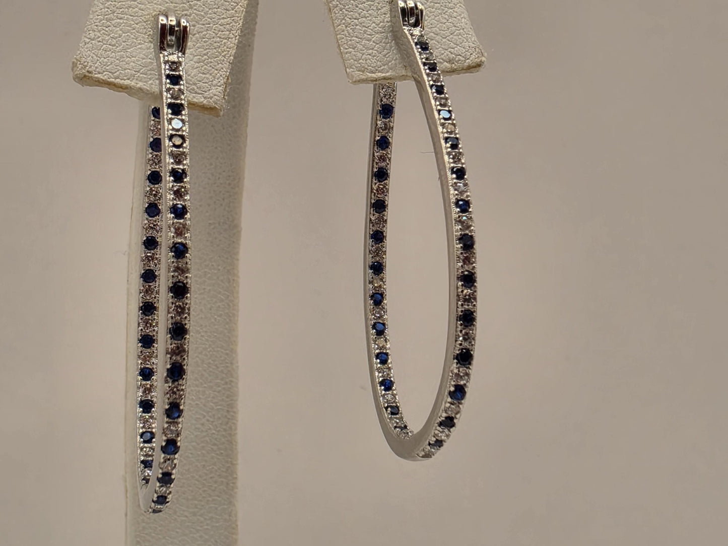 Sterling Silver Blue and White CZ Oval Hoop Earrings 1.5" - view 3