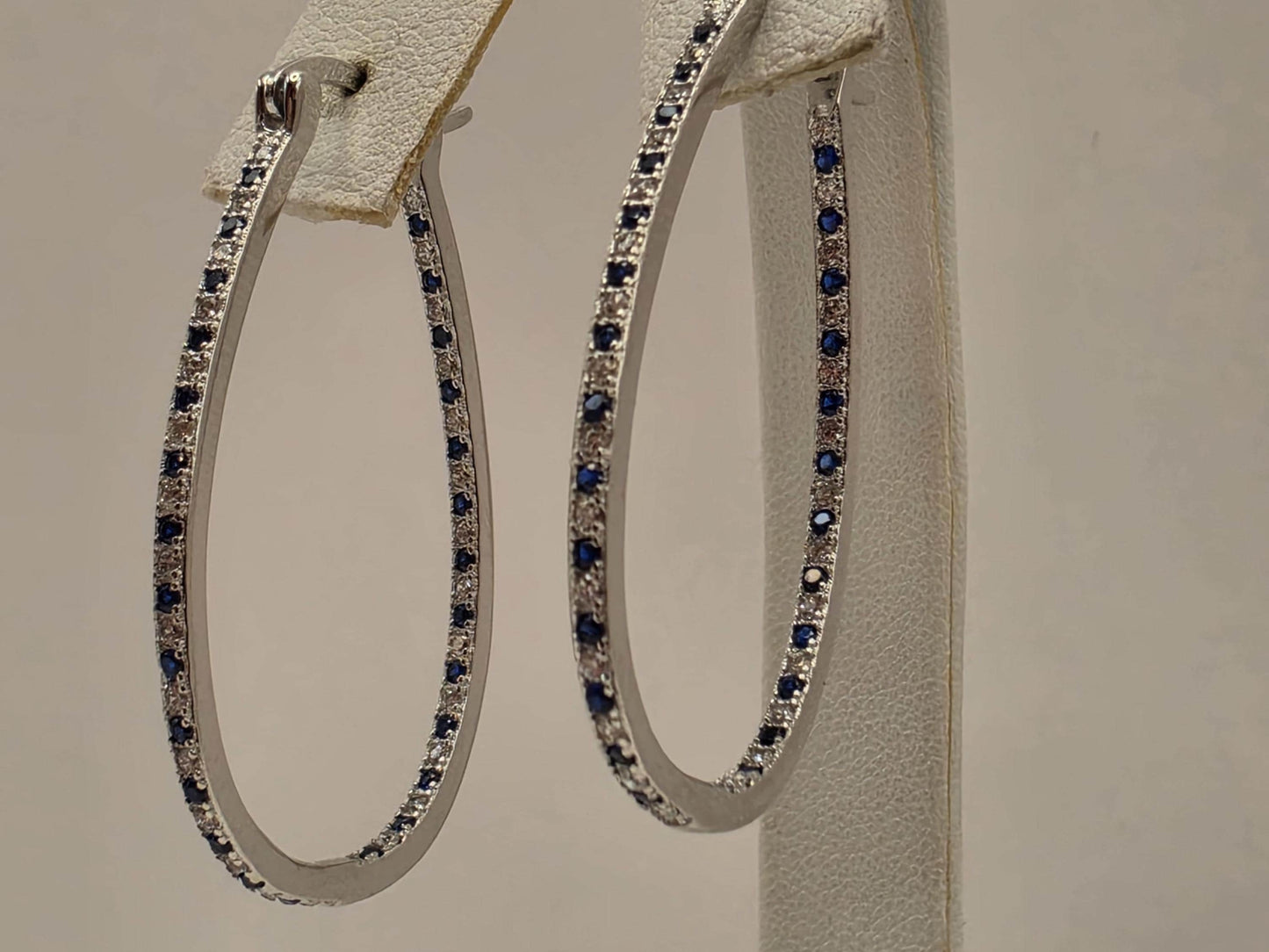 Sterling Silver Blue and White CZ Oval Hoop Earrings 1.5" - view 4