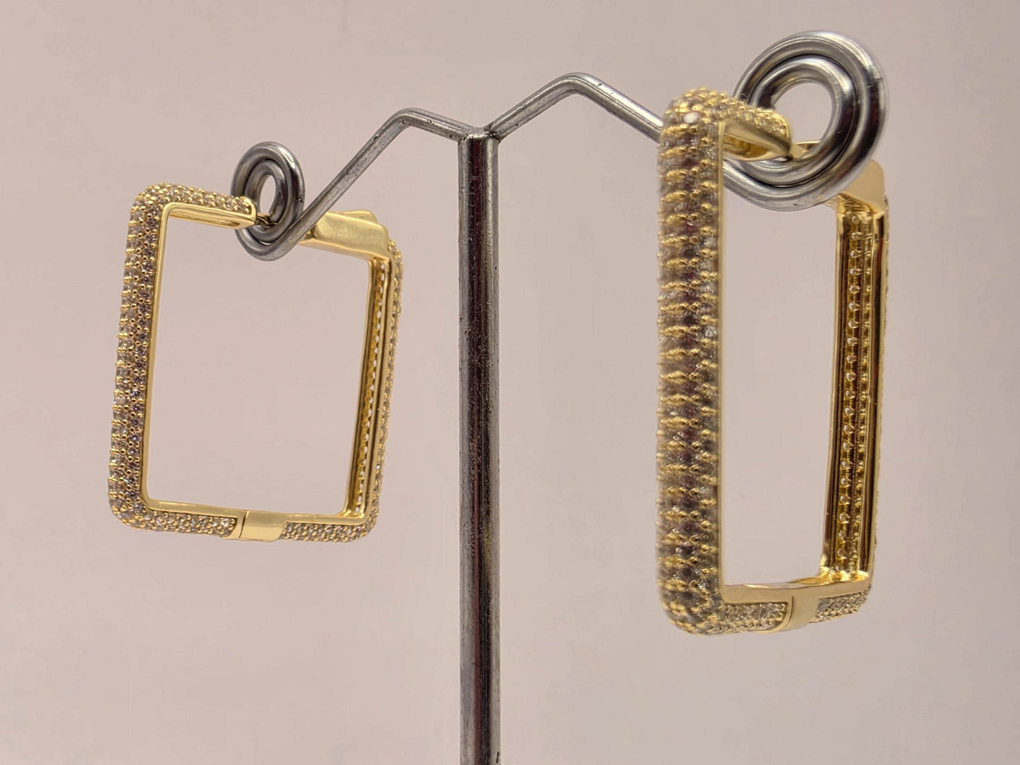 Gold Plated Sterling Silver CZ Square Hoop Earrings 1.125" - view 5