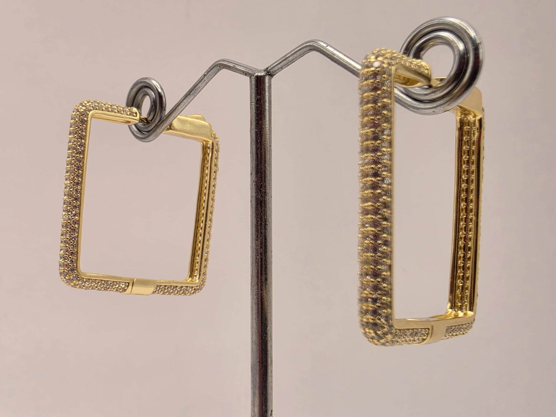 Gold Plated Sterling Silver CZ Square Hoop Earrings 1.125" - view 5